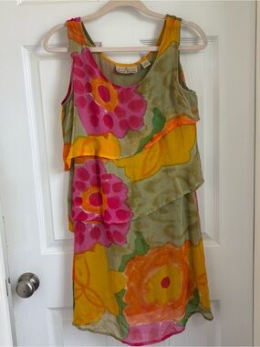 Sacred Threads Yellow & Orange Trim Floral Rayon Minidress